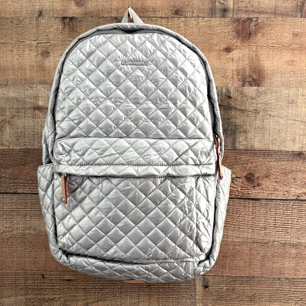 MZ Wallace Silver Quilted Nylon Backpack with Tan Leather Accents